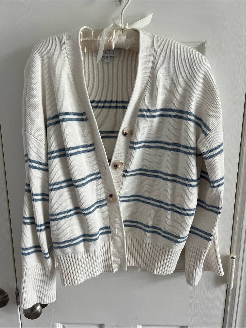 Talbots Cream Cardigan with Blue Stripe Detail